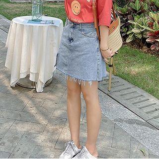 Frayed Washed Denim Mini A-line Skirt