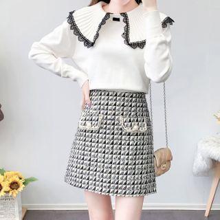 Peter Pan Collar Lace Panel Knit Sweater / High-waist Plaid Skirt