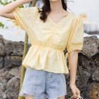 Puff-sleeve V-neck Eyelet Lace Cropped Top