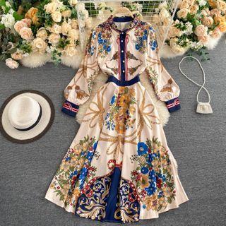 Print Long-sleeve Color Panel Small Stand-collar Dress