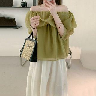 Puff-sleeve Off-shoulder Top / Midi A-line Skirt