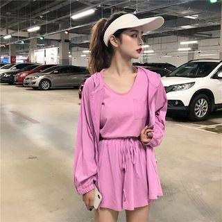 Set: Plain Sleeveless Top + Shorts + Hooded Jacket