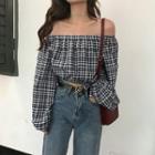 Long-sleeve Off-shoulder Check Top As Shown In Figure - One Size
