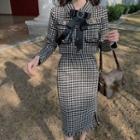 Houndstooth Cropped Button Jacket / Midi Pencil Skirt / Bow Tie / Set