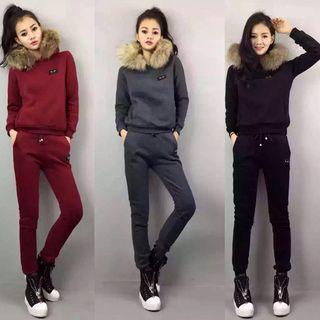 Set: Fluffy Trim Long-sleeve Sweatshirt + Sweatpants