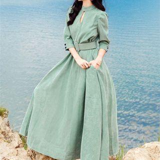 Corduroy 3/4 Sleeve Cutout Midi A-line Dress