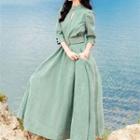 Corduroy 3/4 Sleeve Cutout Midi A-line Dress
