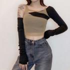 Set: Long-sleeve One-shoulder Cropped T-shirt + Mesh Tank Top + Arm Sleeve