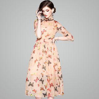 Butterfly Print Elbow-sleeve Midi A-line Dress
