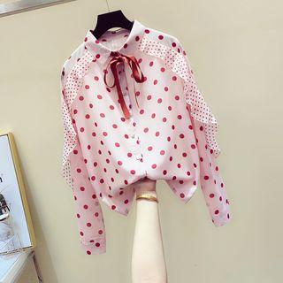 Bow-neck Frill-trim Dotted Shirt