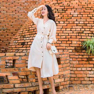 Irregular Hem Lantern-sleeve Midi A-line Dress