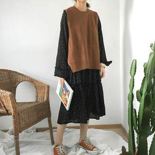 Plain Knit Vest / Dotted Chiffon Long-sleeve Dress