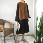 Plain Knit Vest / Dotted Chiffon Long-sleeve Dress