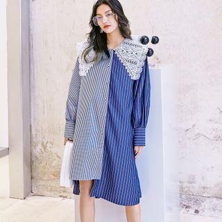 Lace Collar Striped Long-sleeve Shift Dress