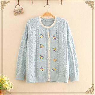 Round-neck Floral Embroidered Cable-knit Cardigan