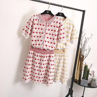 Set: Short-sleeve Heart Pattern Cardigan + A-line Knit Skirt