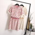 Set: Short-sleeve Heart Pattern Cardigan + A-line Knit Skirt