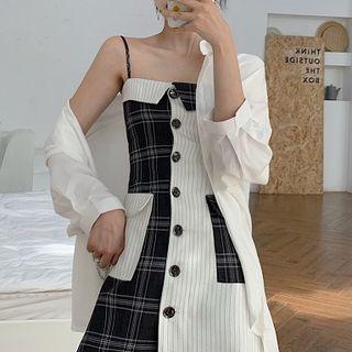 Spaghetti Strap Pattern Paneled Buttoned A-line Mini Dress / Long-sleeve Shirt