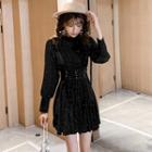 Glitter Mock-turtleneck Long-sleeve A-line Mini Dress