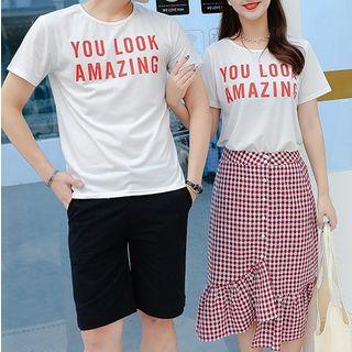Couple Matching Lettering Short-sleeve T-shirt / Plaid Midi Skirt