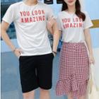 Couple Matching Lettering Short-sleeve T-shirt / Plaid Midi Skirt