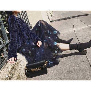 Glitter Sweater / Embroidered Mesh Midi A-line Skirt / Set