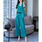 Set: Short-sleeve Blazer + Camisole Top + Wide Leg Pants