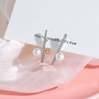 Faux Pearl Rhinestone Stud Earring 1 Pair - Stud Earrings - Silver - One Size