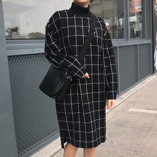 Window Pane Mock Neck Long Sleeve Dress