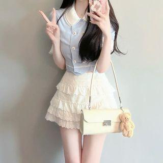 Set: Short-sleeve Cropped Blouse + Layered Mini A-line Skirt