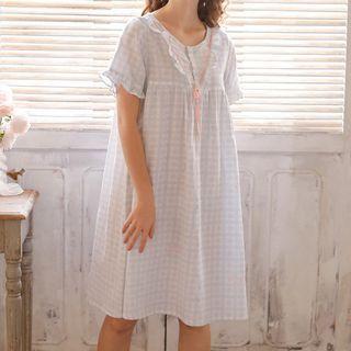 Plaid Short-sleeve Sleep Dress Blue - M