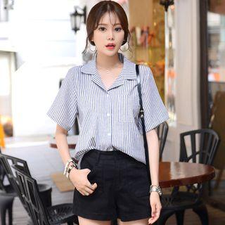 Open-placket Elbow-sleeve Striped Shirt