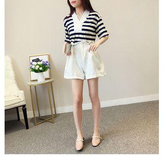 Set: Striped Elbow Sleeve T-shirt + Wide Leg Shorts