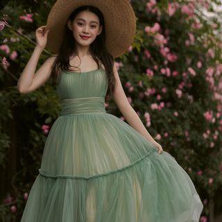 Spaghetti-strap Mesh Midi A-line Cocktail Dress