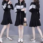 Long-sleeve Color Block Zip Mini Mermaid Dress