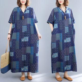 Short-sleeve Patterned Panel Midi A-line Dress Dark Blue - One Size