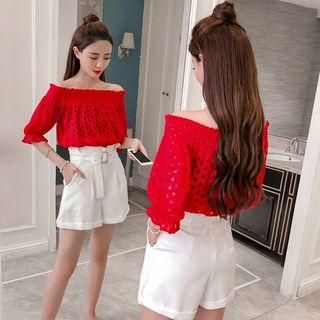 Set: Lace Off-shoulder Elbow-sleeve Top + High Waist Shorts
