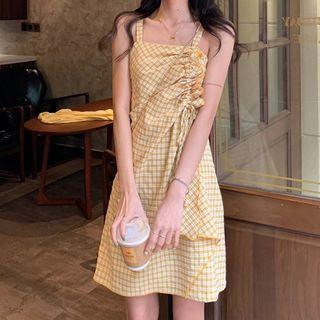Spaghetti Strap Gingham Drawstring Mini Dress