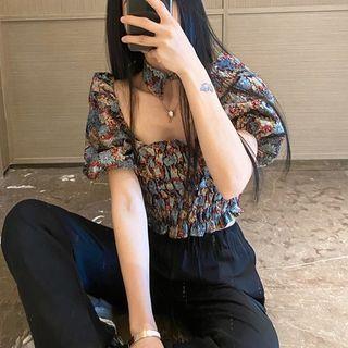 Puff-sleeve Floral Printed Top / High-waist Wide-leg Pants