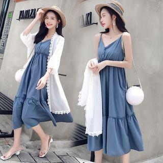 Set: Spaghetti Strap Midi A-line Dress + Light Long Jacket