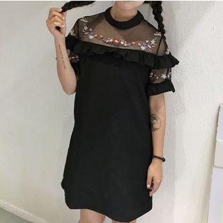 Flower Embroidered Mesh Panel Short Sleeve Dress