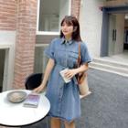 Short-sleeve Tie-waist Denim Mini A-line Dress