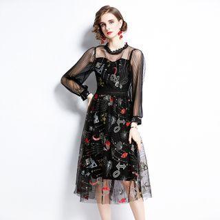 Mock Two-piece Puff-sleeve Printed A-line Dress