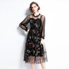 Mock Two-piece Puff-sleeve Printed A-line Dress