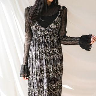 Spaghetti-strap Floral Pleated Chiffon Dress