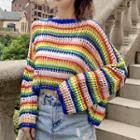 Set: Striped Open Knit Sweater + Camisole Set - Stripes - Rainbow - One Size
