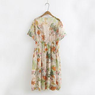 Flower Print Short-sleeve Midi A-line Mesh Dress