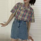 Plaid Short-sleeve Shirt Plaid - Beige & Pink & Blue - One Size