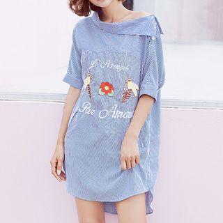 Flower Embroidered Pinstriped Elbow Sleeve Dress