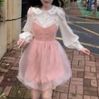 Sleeveless Round-neck Panel Flower Trim Dress